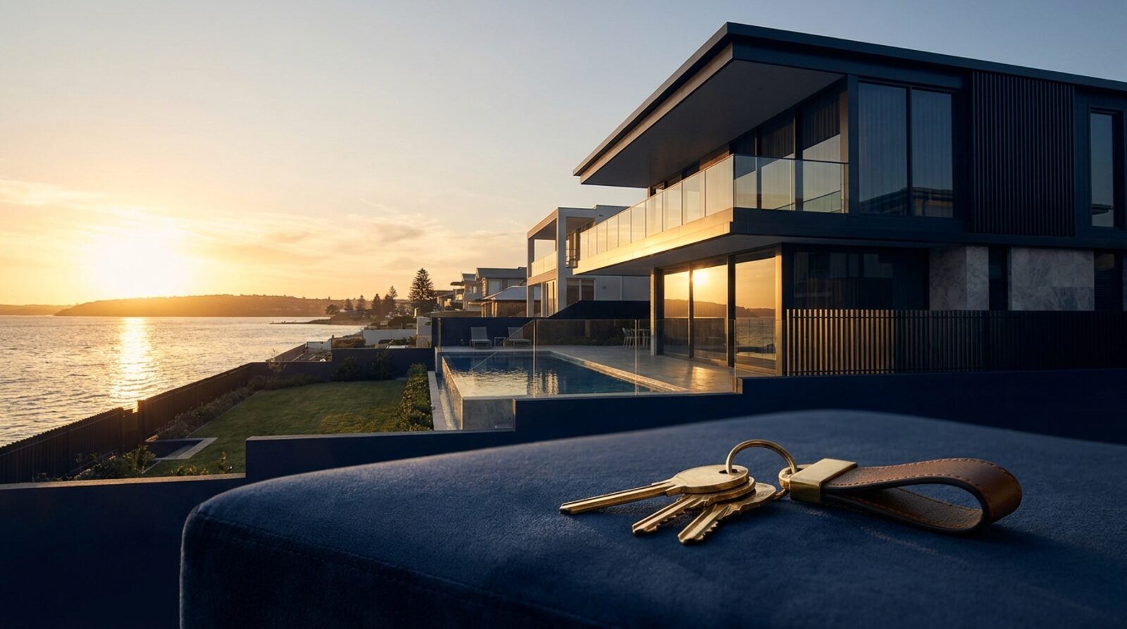 Modern Australian property keys with golden investment-mood lighting