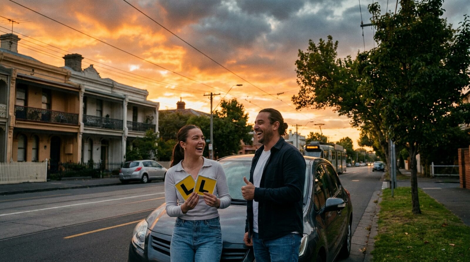 Learner driver and instructor beside a dual-control car at golden hour