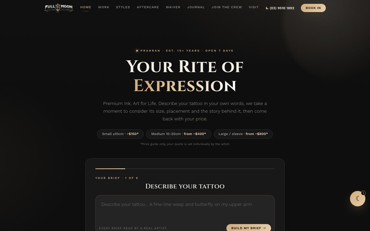 Full Moon Tattoo studio website built by Scalus