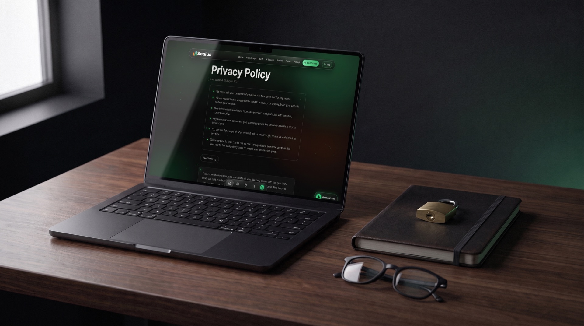 A black MacBook Pro showing the Scalus privacy policy page, beside a closed notebook, a brass padlock and reading glasses on a dark timber desk