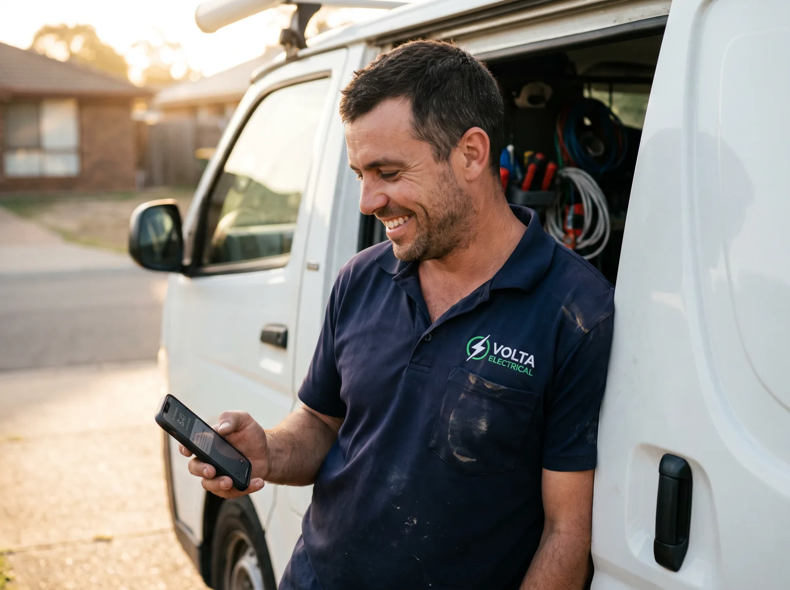 An electrician smiling at a new enquiry that has just landed on his phone