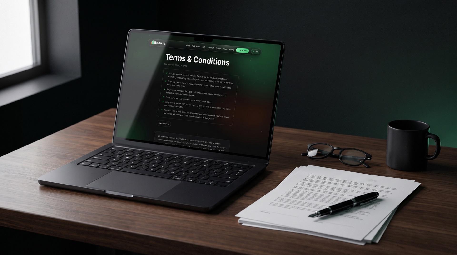 A black MacBook Pro showing the Scalus terms and conditions page, beside a printed document, a pen and reading glasses on a dark timber desk